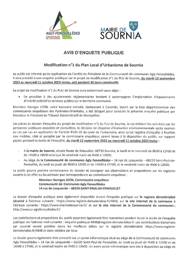 Avis d'enquête publique - PLU - SOURNIA